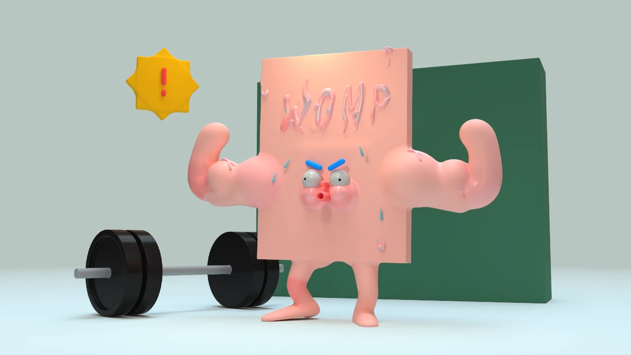 A cartoon powerlifter with bulging muscles and a barbell, modelled in WOMP 3D