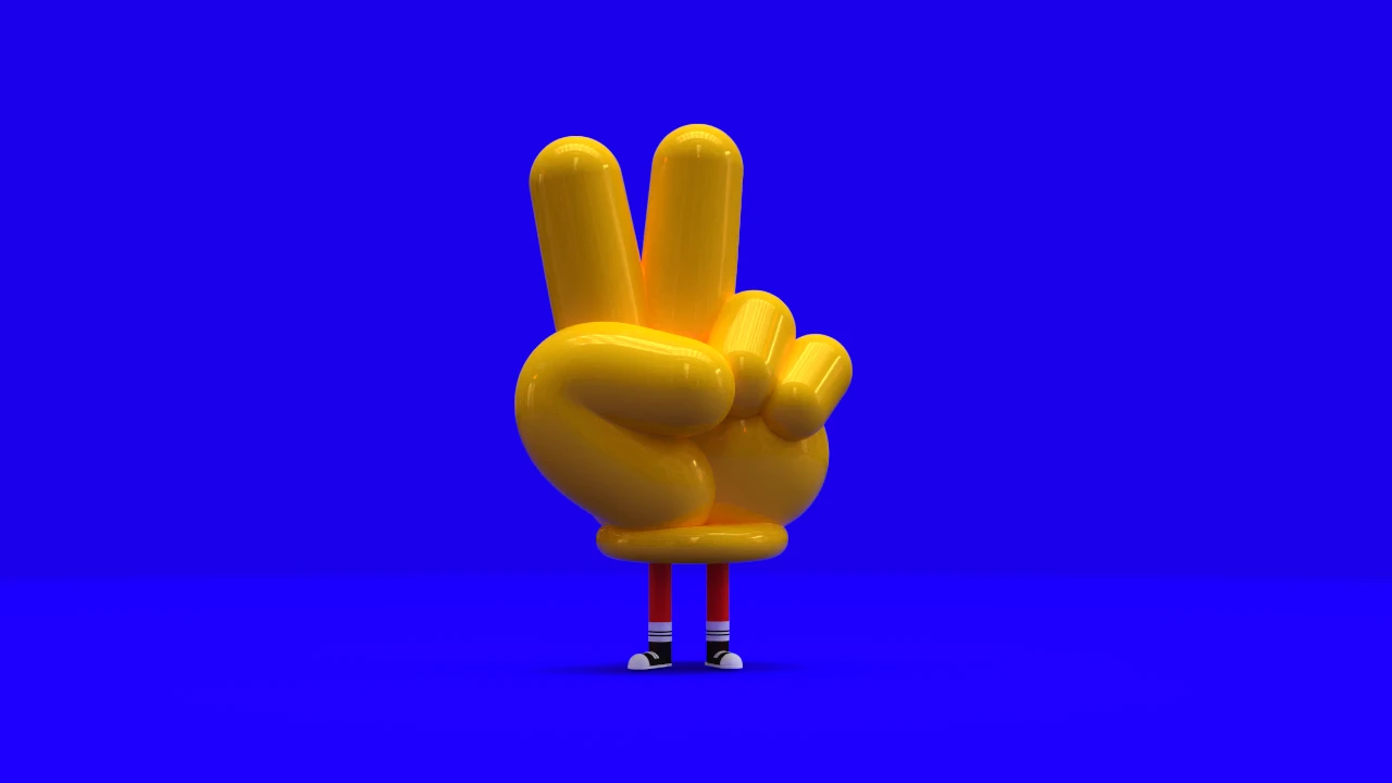 A golden peace-sign hand character on a vivid blue background
