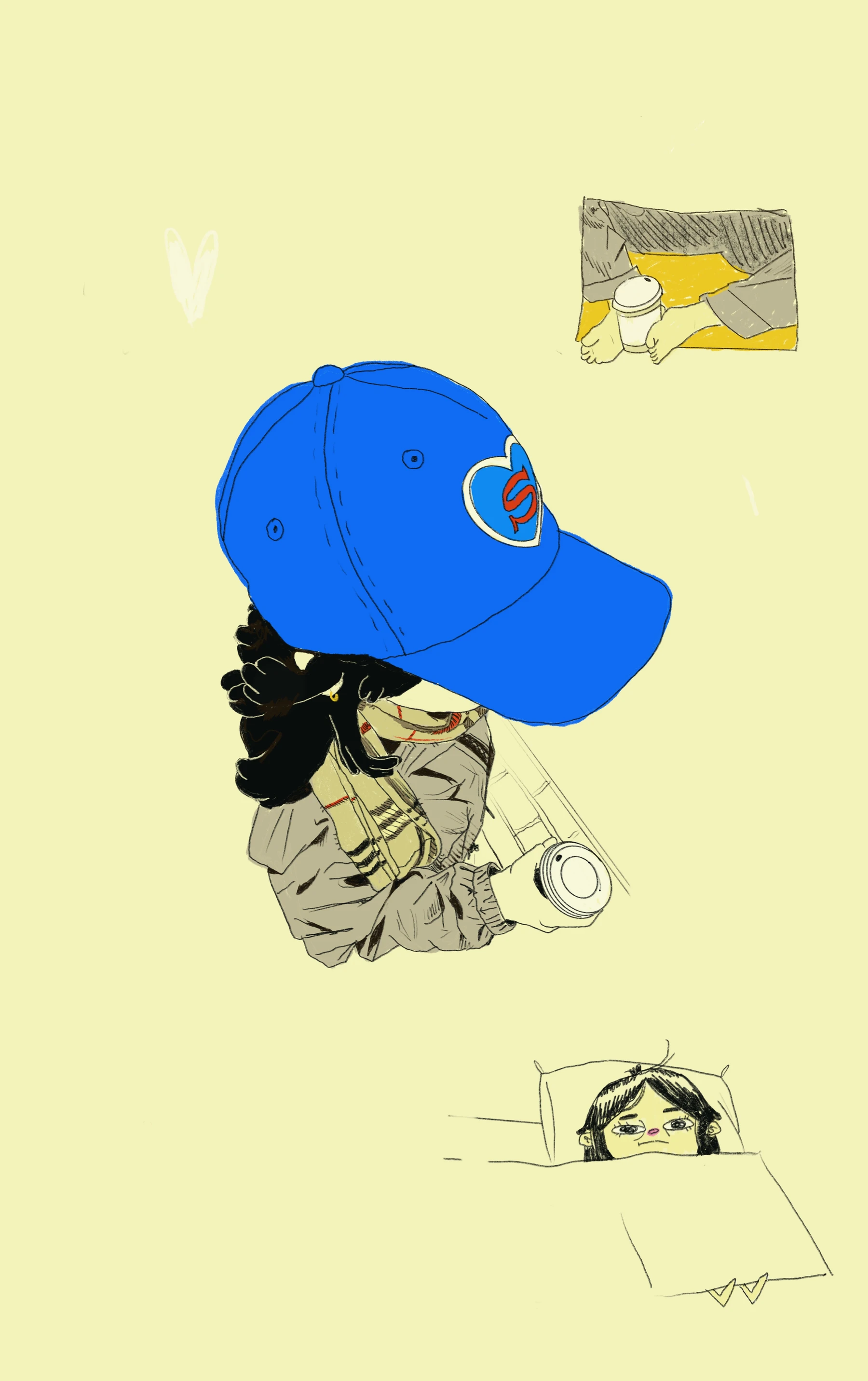 Sketchbook portrait with a bright blue cap