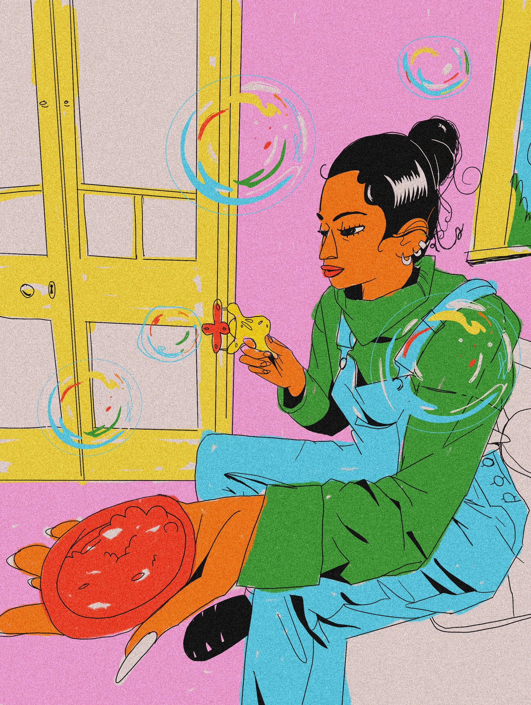 Colourful illustration of a seated woman blowing bubbles