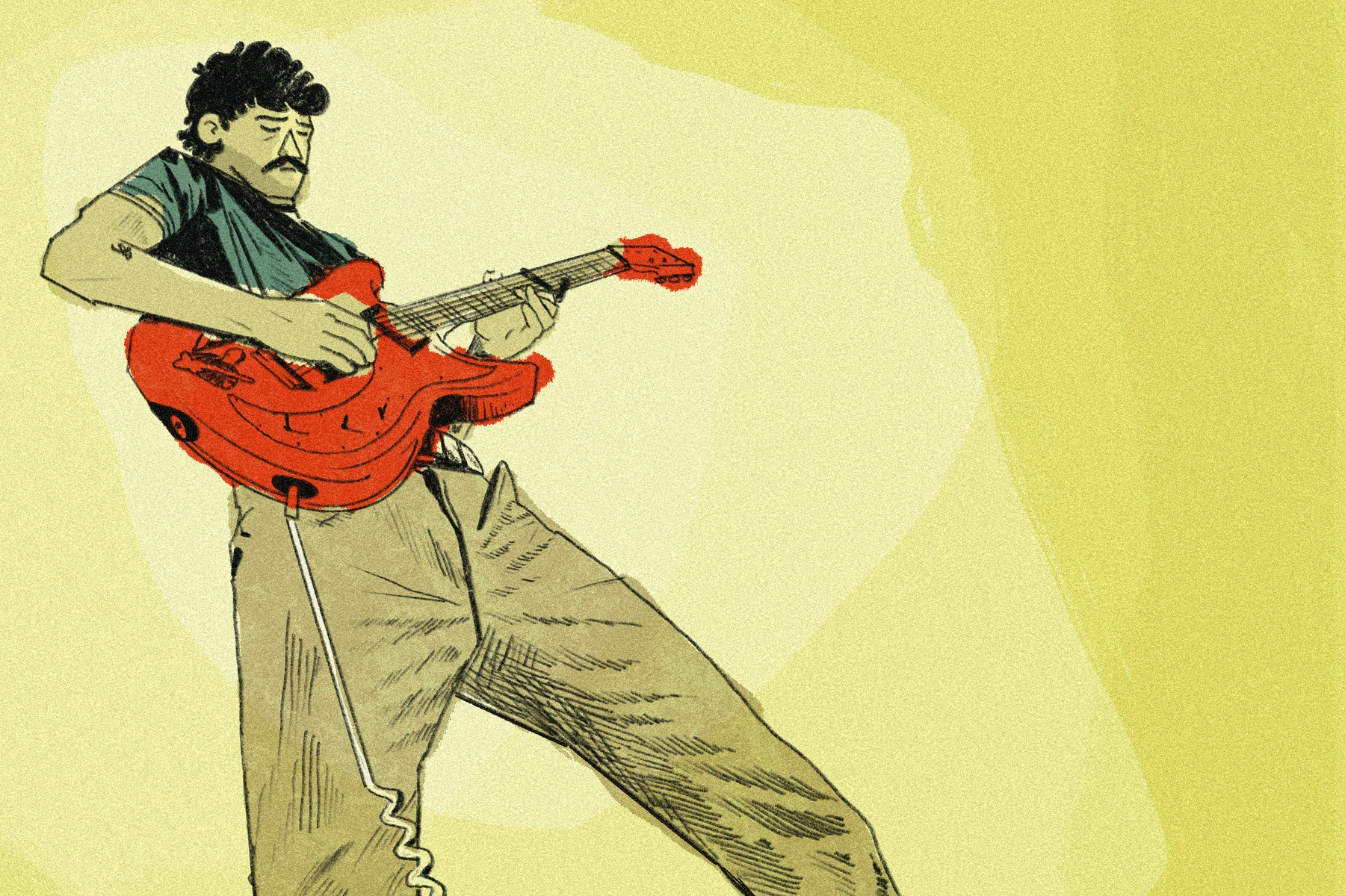 Illustration of a guitarist playing a red electric guitar