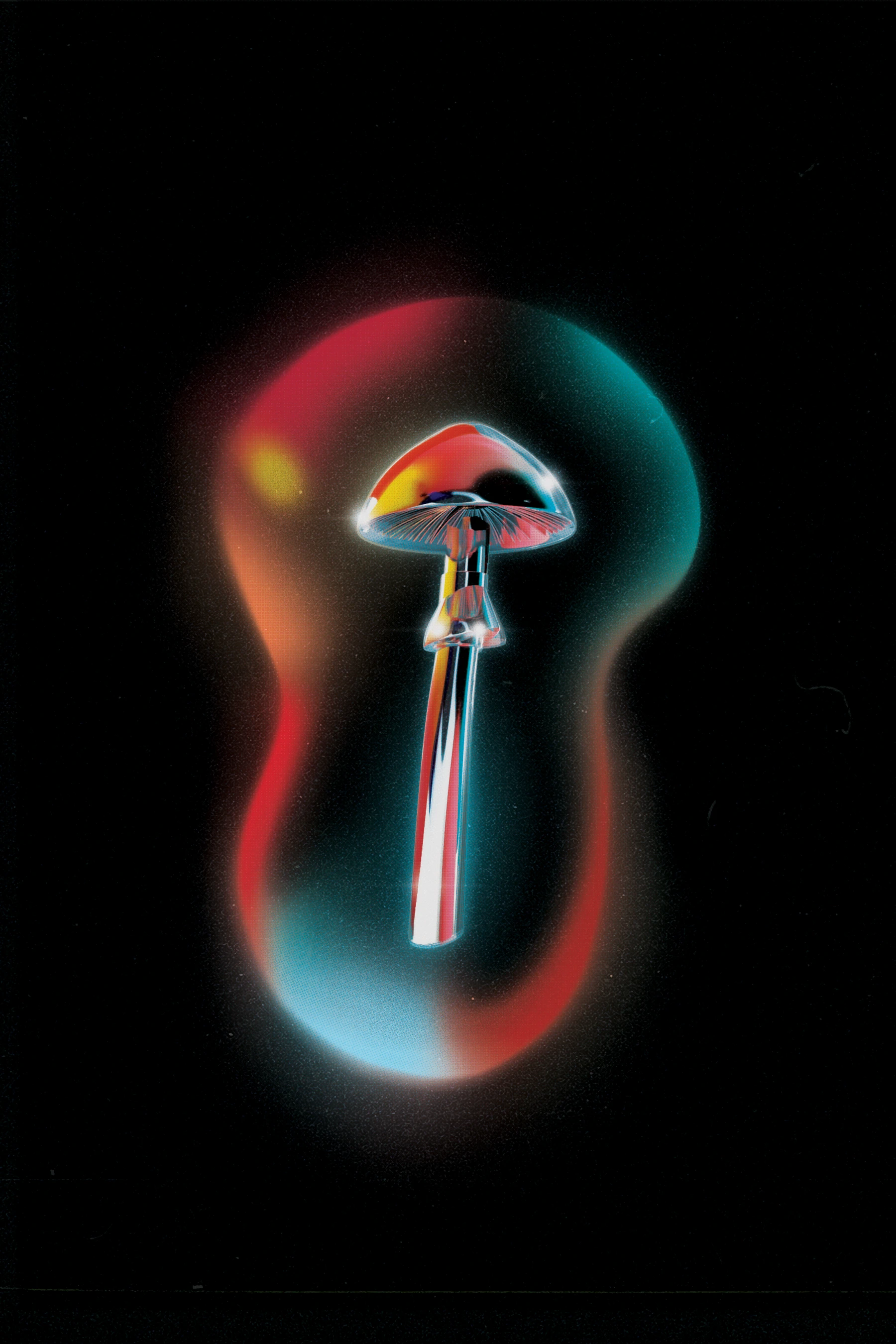 Chrome mushroom poster artwork glowing with red and blue light