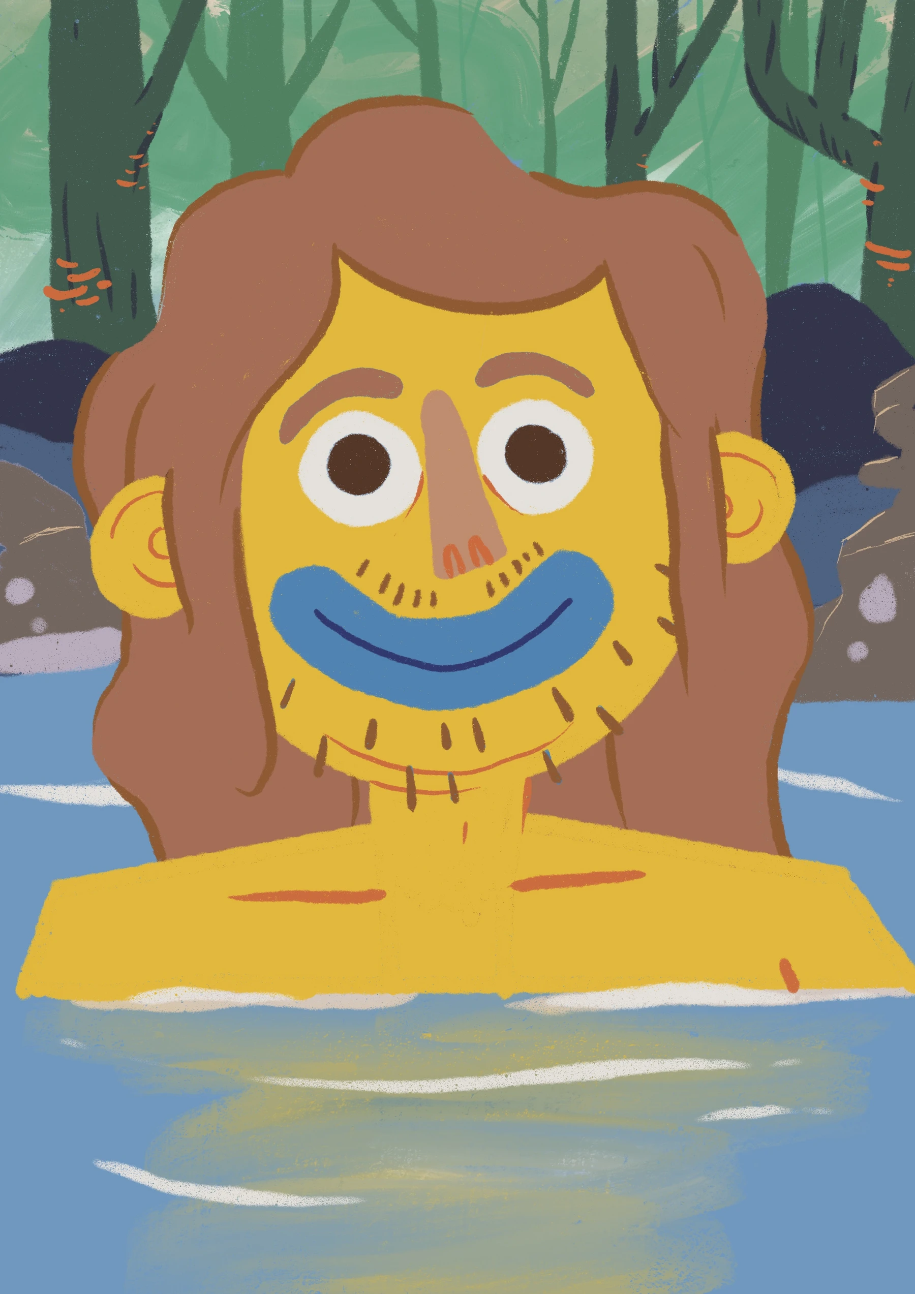 A smiling long-haired cartoon character in the water