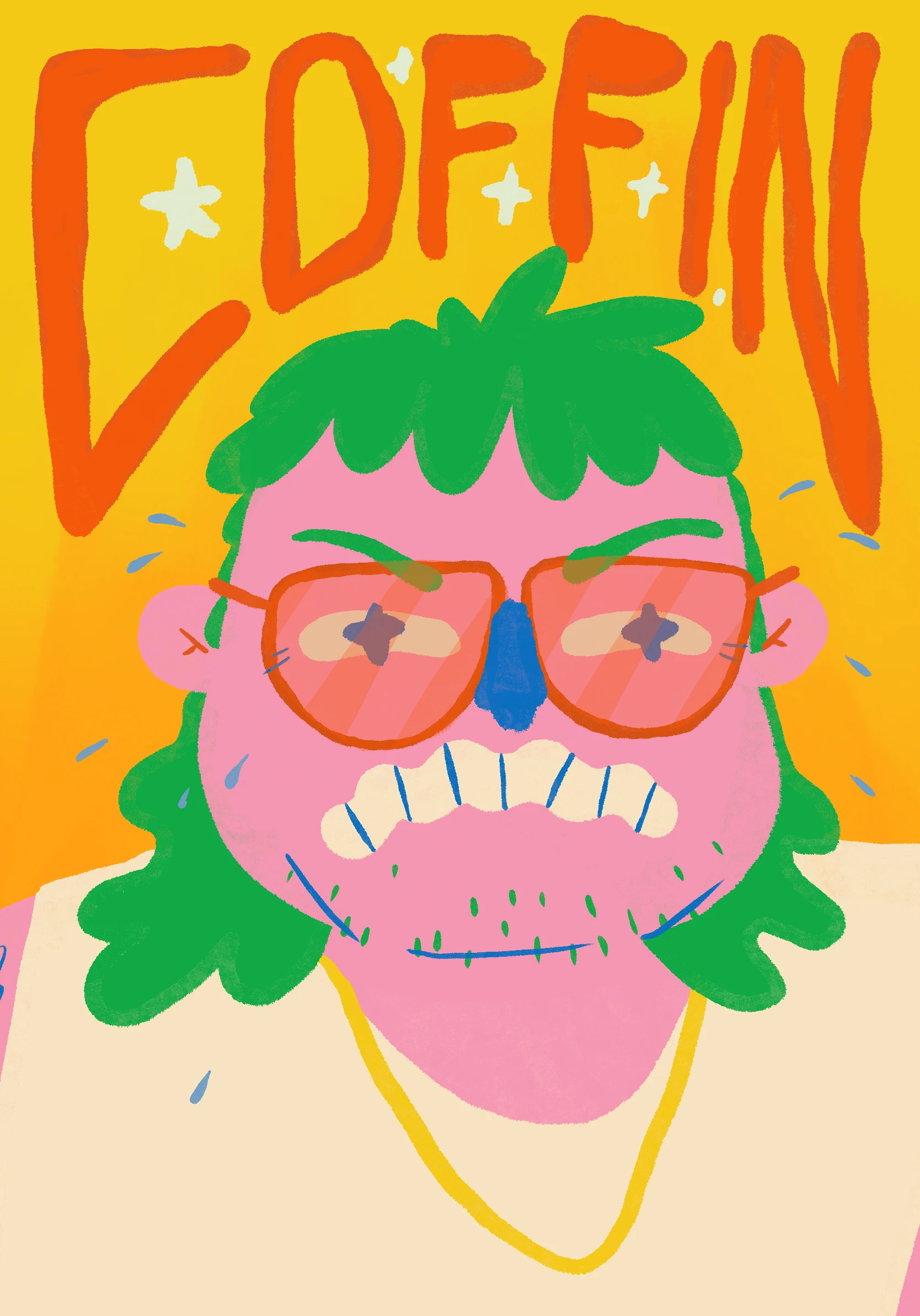 Expressive pink and green character beneath COFFIN lettering