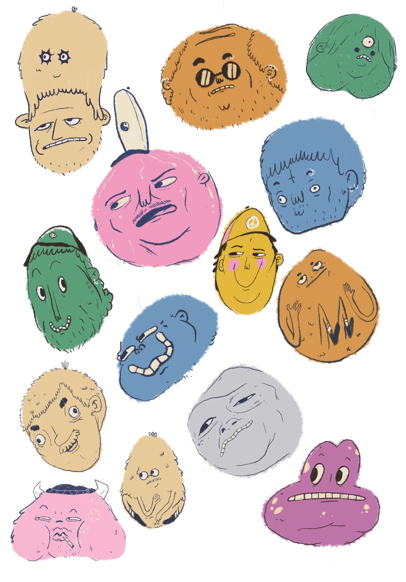 A collection of expressive hand-drawn cartoon faces