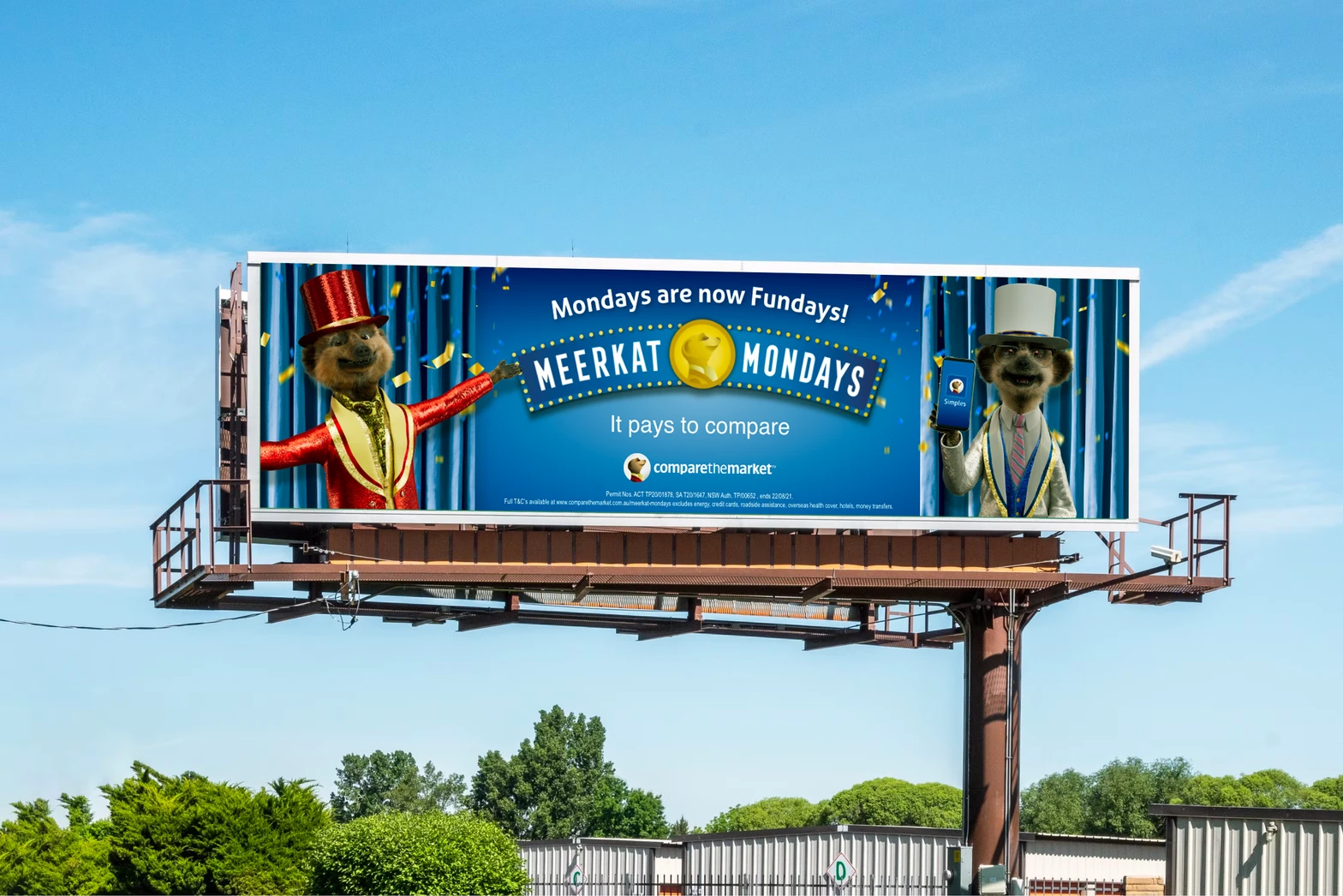 Meerkat Mondays outdoor campaign displayed on a roadside billboard.