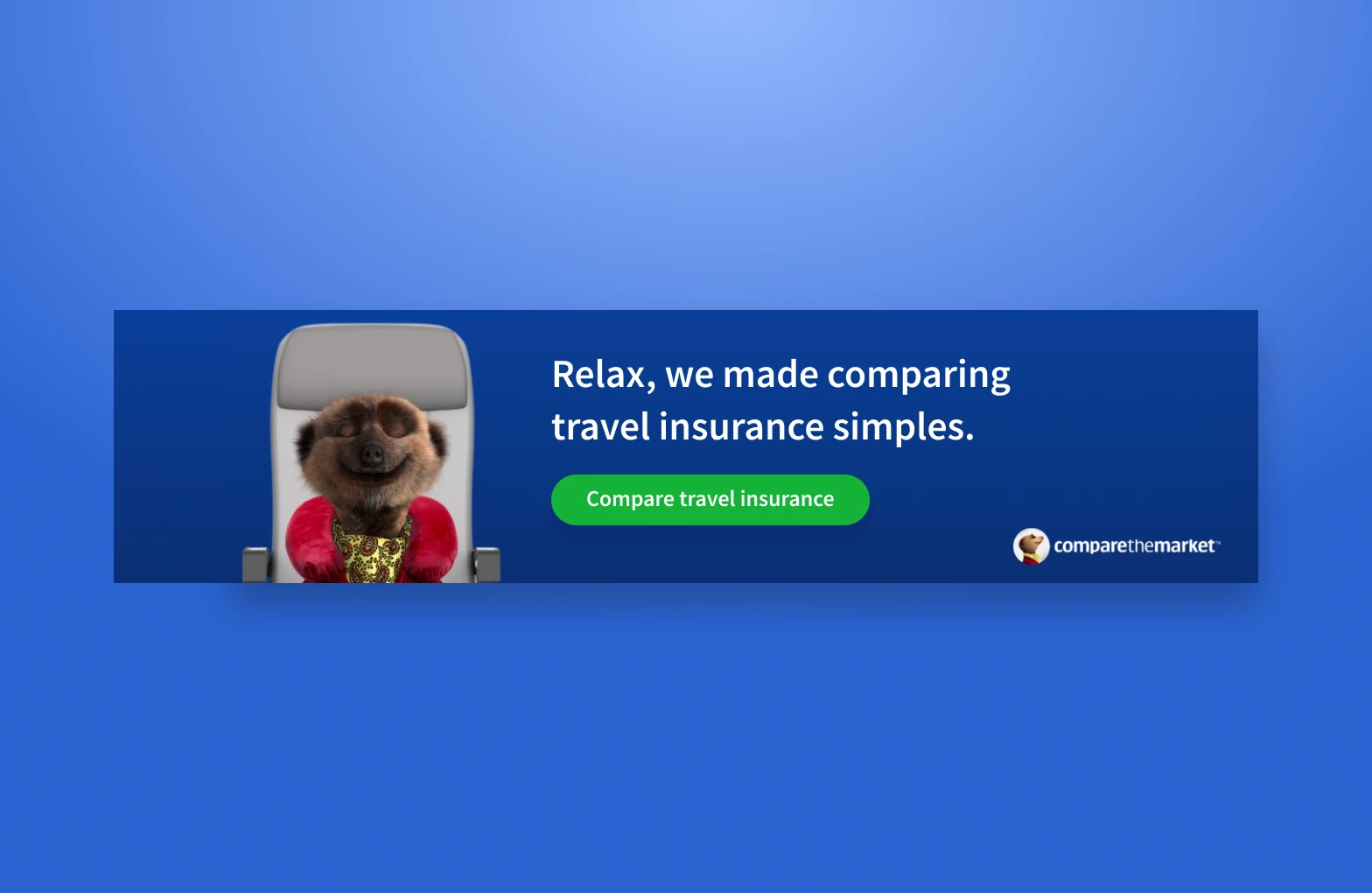 Compare the Market travel insurance display advertisement featuring Aleksandr in an aircraft seat.