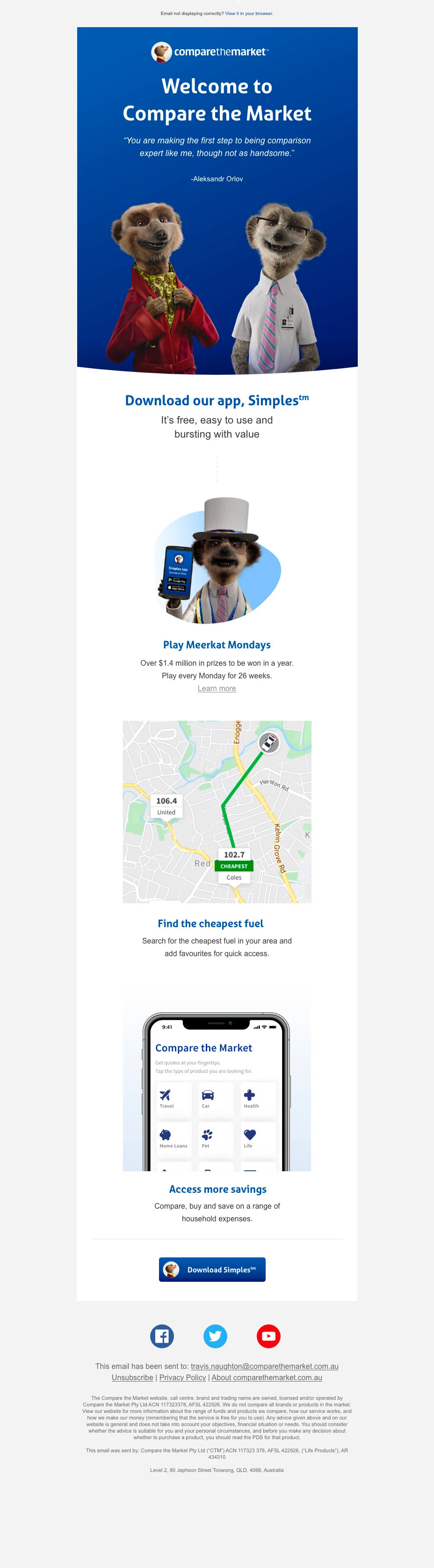 Complete Compare the Market welcome email design, introducing the Simples app, Meerkat Mondays and fuel savings.