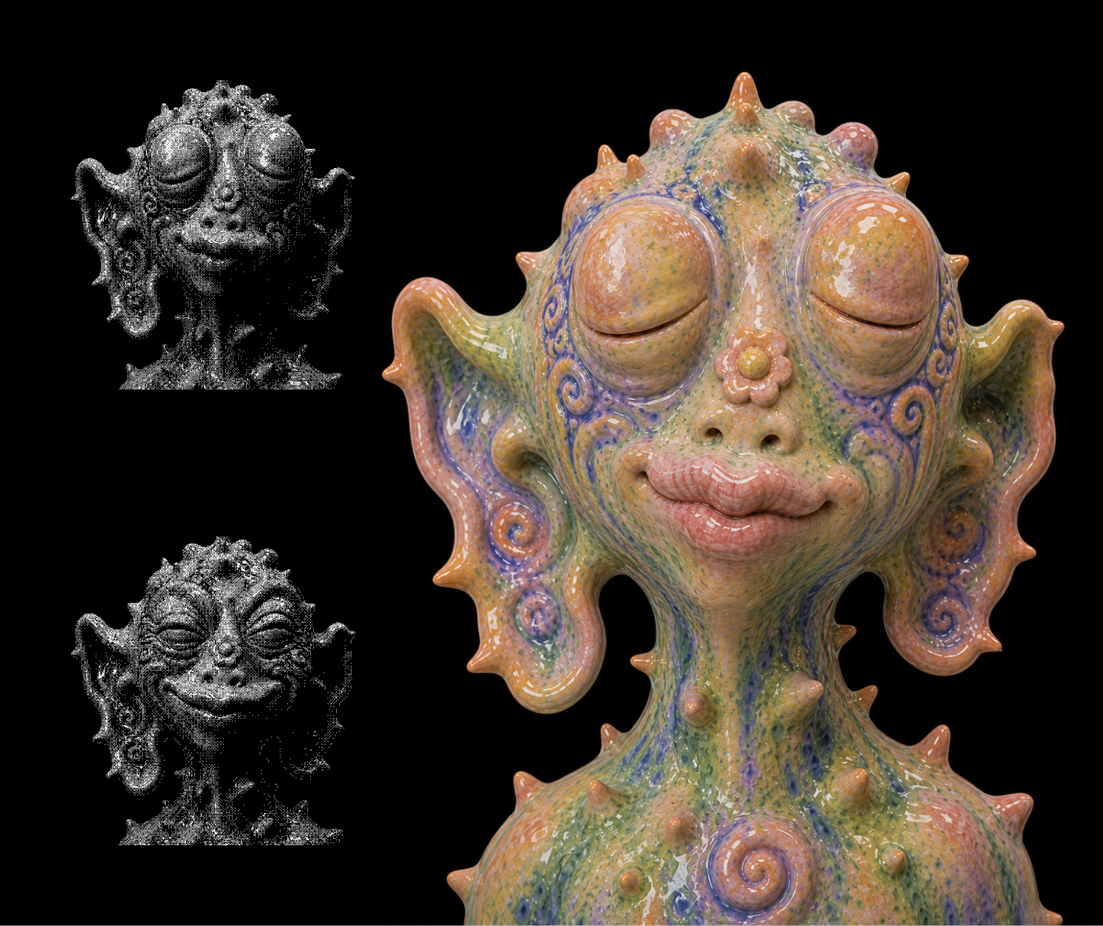 Dr.One character development: the original sculptural creature beside its two monochrome states.