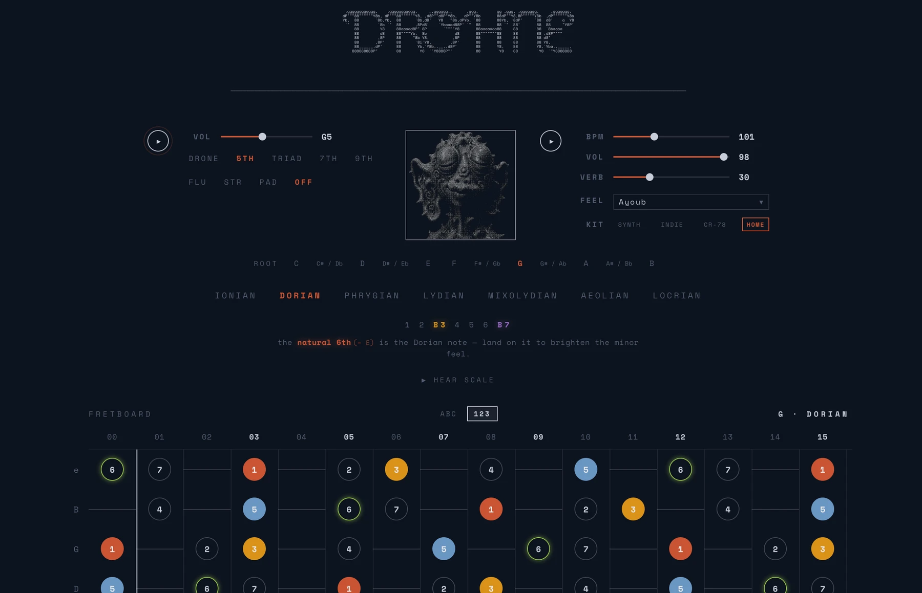 DROHNE music interface with drone controls, a fretboard and modal harmony tools.