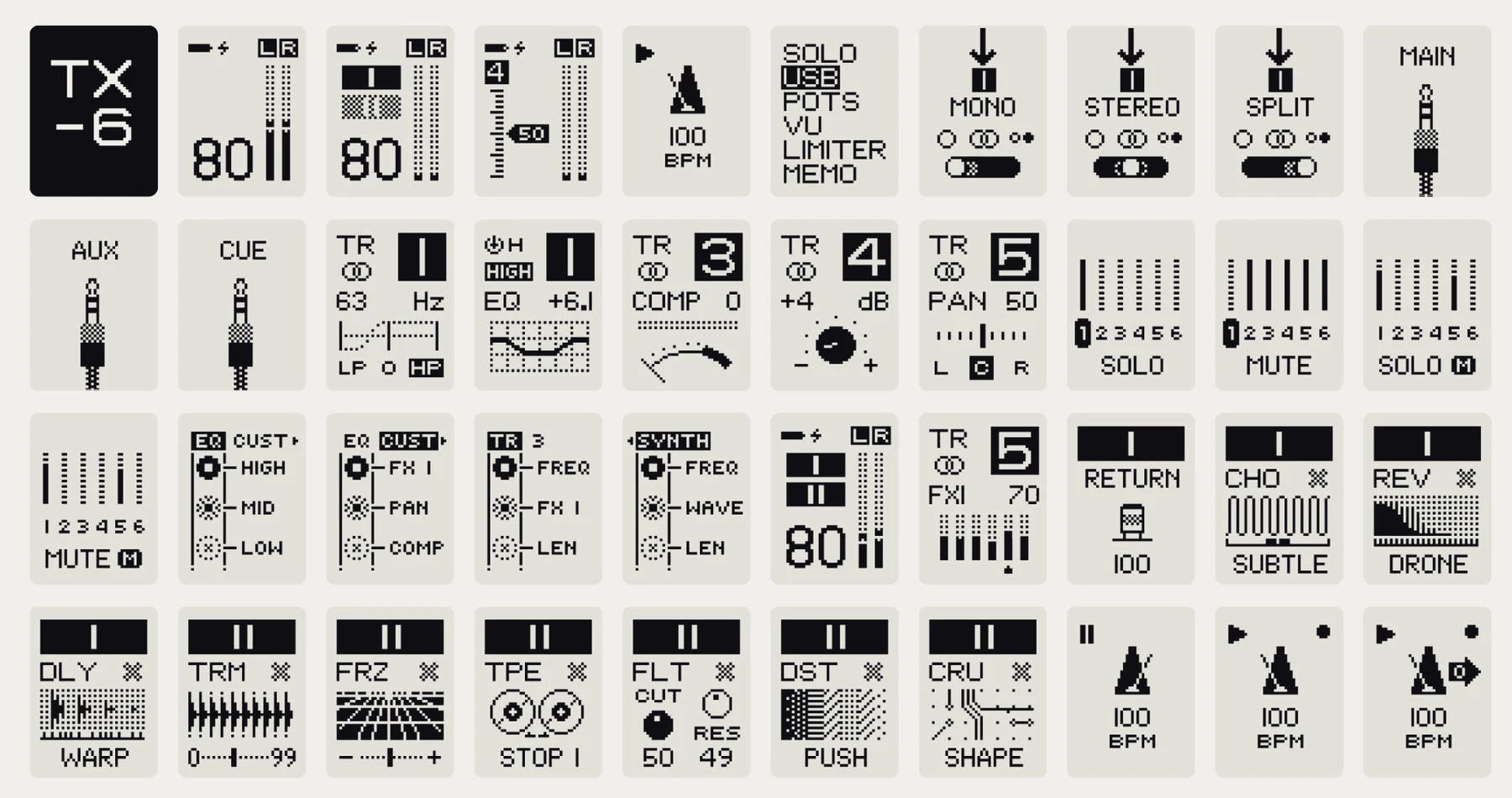 Collection of monochrome pixel icons from ZOOM multi-effects pedal screens.