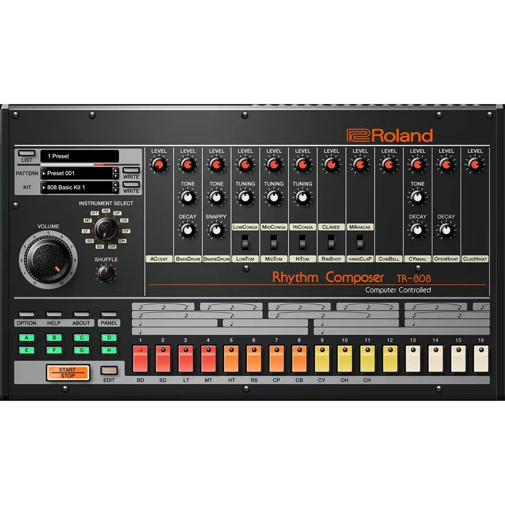 Roland TR-808 drum machine interface with dark controls and colourful labels.