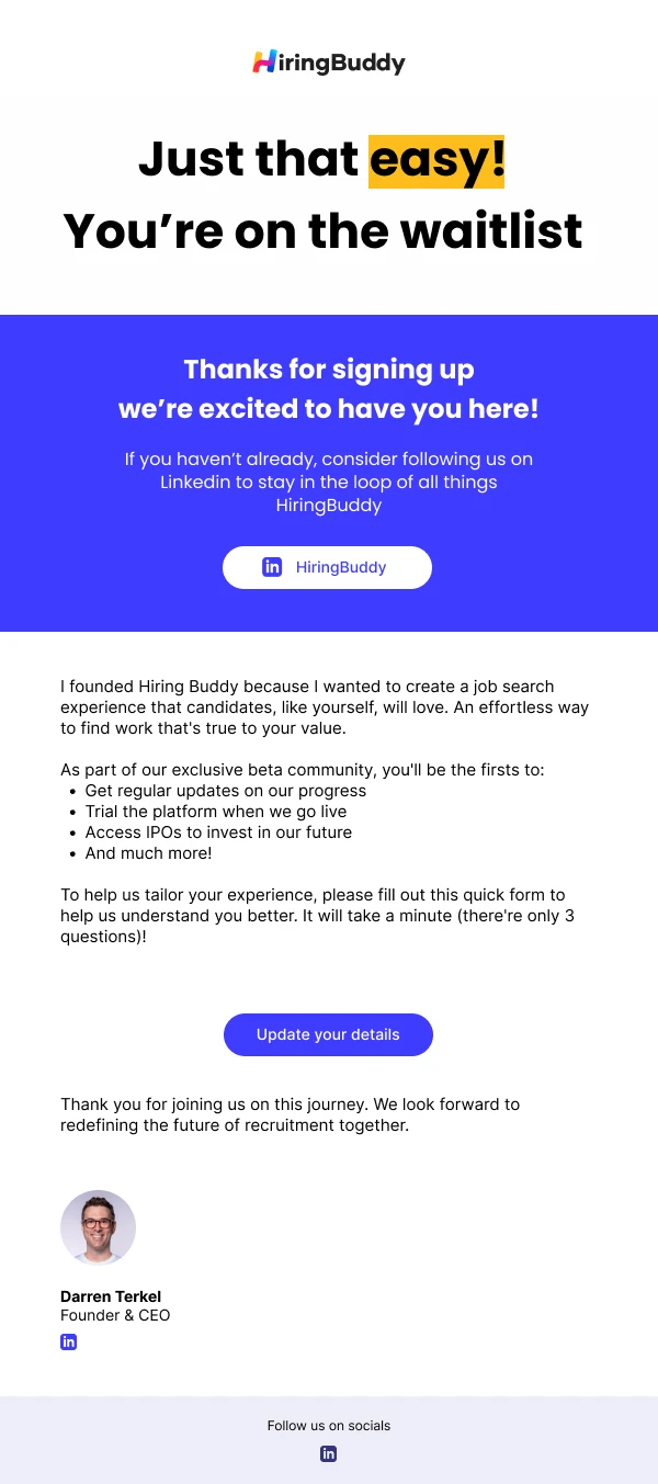 Hiring Buddy waitlist confirmation email
