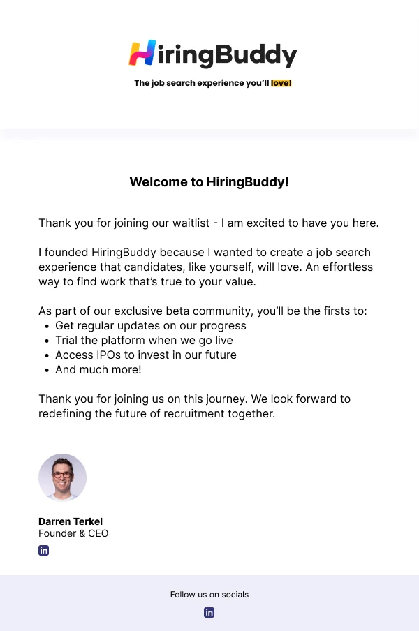 Hiring Buddy candidate welcome email