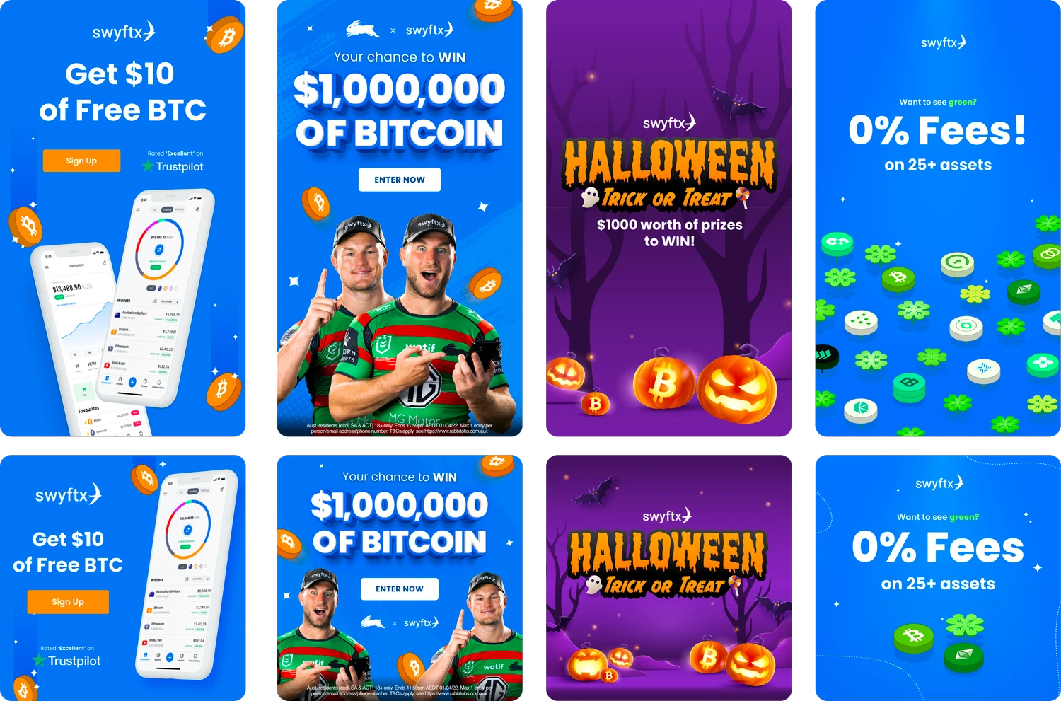 Swyftx campaign graphics featuring Bitcoin, NRL, Halloween and fee offers