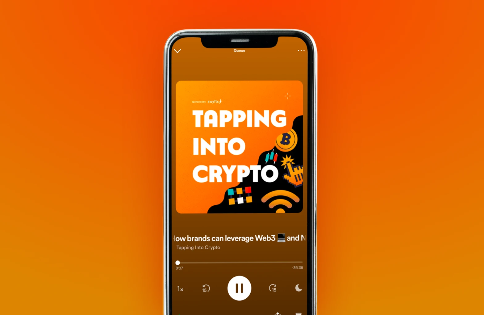 Tapping into Crypto podcast on a phone against an orange background