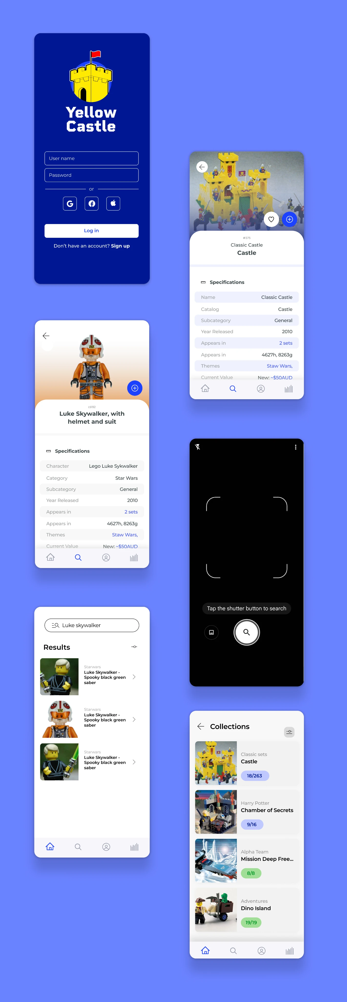 Yellow Castle mobile app design: castle branding and six screens showing login, LEGO set details, minifigure details, camera search, search results and collections.